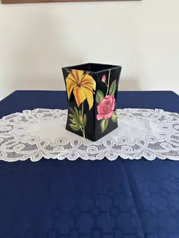 Vintage Pacific rim vase black and floral Hand Painted H 8.25 In Top 5 X 5 In