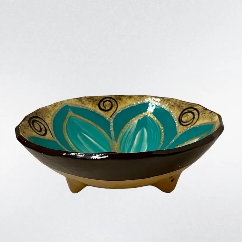 Pottery Bowl/Trinket Dish/Catchall Hand Painted Aqua Flower 6” W x 2” T