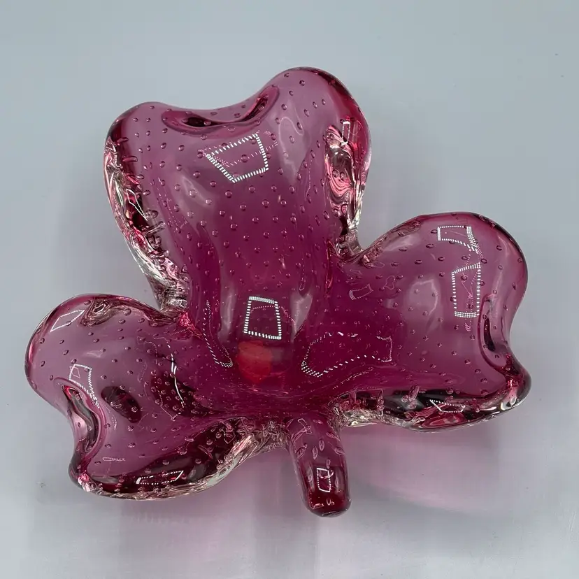 Vintage TOSCANY Murano Controlled Bubble Art Glass Folded Clover Pink Bowl Dish