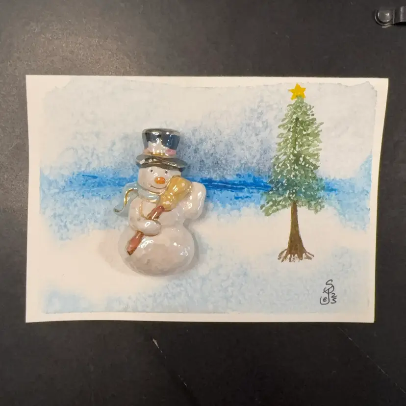 Original Watercolor Card With Vintage Brooch. Comes With Tissue And Box 5” X 3.5” Blank Inside
