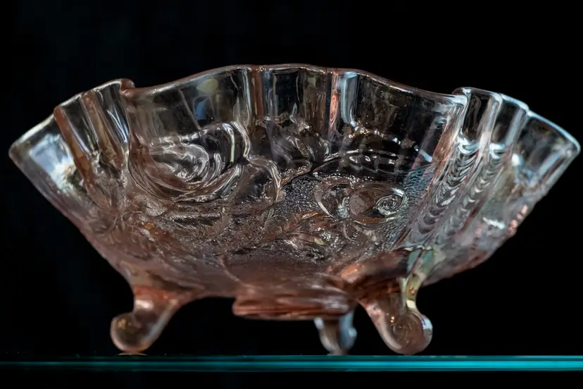 Imperial Carnival Glass Rose pattern with ruffled edge 1970's Three Footed Bowl