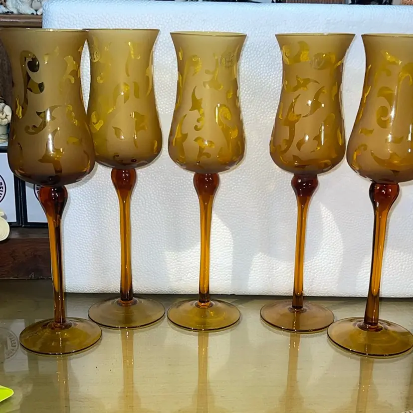 SORELLE AMBER FROSTED HURRICAN SATIN CRYSTAL WINE GLASSES 10.5” Set Of 5