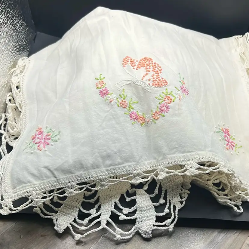 Set Of Two Vintage Matching Hand Stitched Table Runners, With Butterflies And Flowers, 36” Long