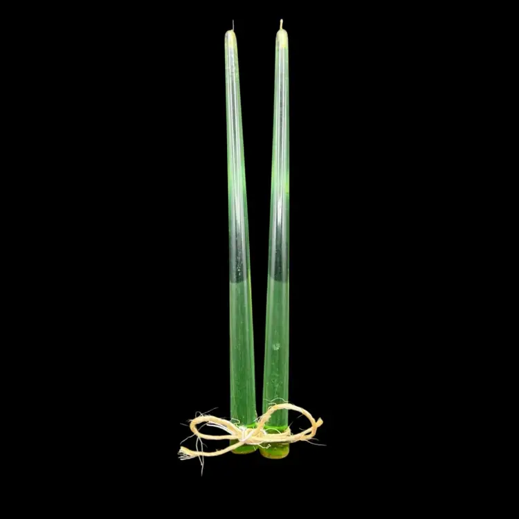 #271B Vintage Pair Of 11 1/4” Green Lucite Taper Candles.  One Wick Has No Cloth But The Metal Is Intact
