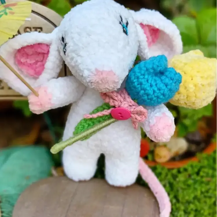 #01 - Handmade Crochet Mouse Made With 100% Chenille Yarn. Stands At 6" Tall And Has Sewn On Eyes. Kid Friendly Mouse And Soft As Can Be:)