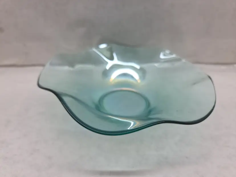 Iridescent Glass Finger Stretched Bowl Ruffled Edge Plate 6" Diameter Light Blue