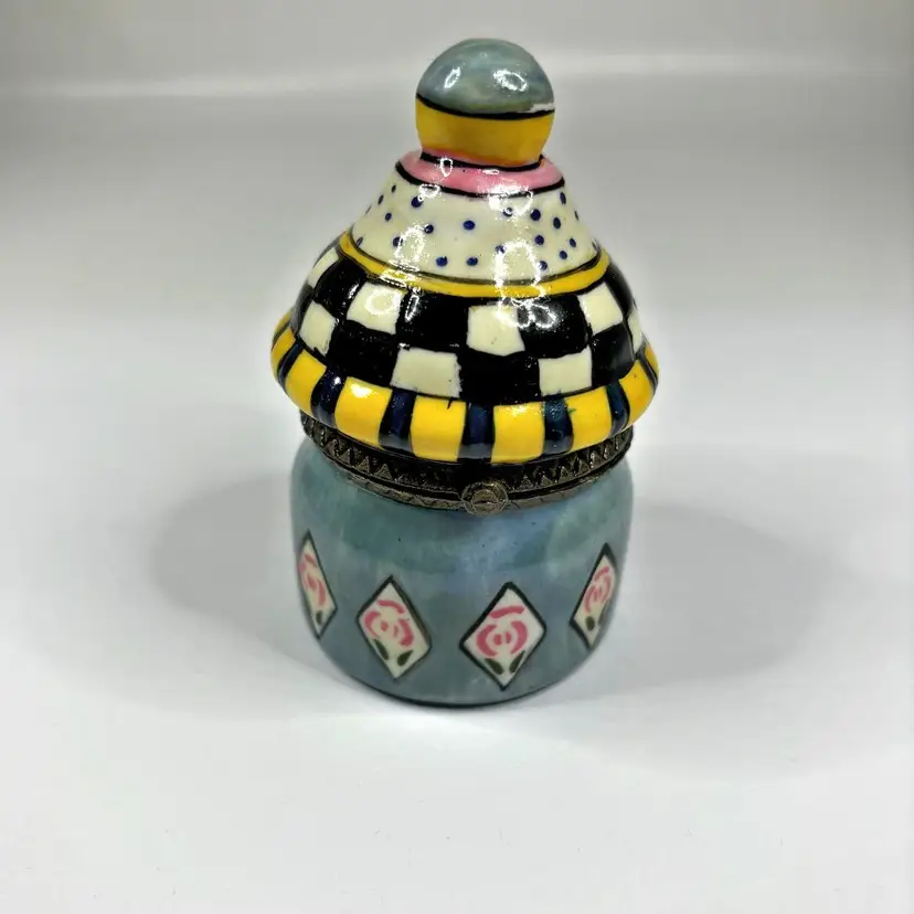 Porcelain Trinket Box Checkered Dots Floral Roses Vintage 3”