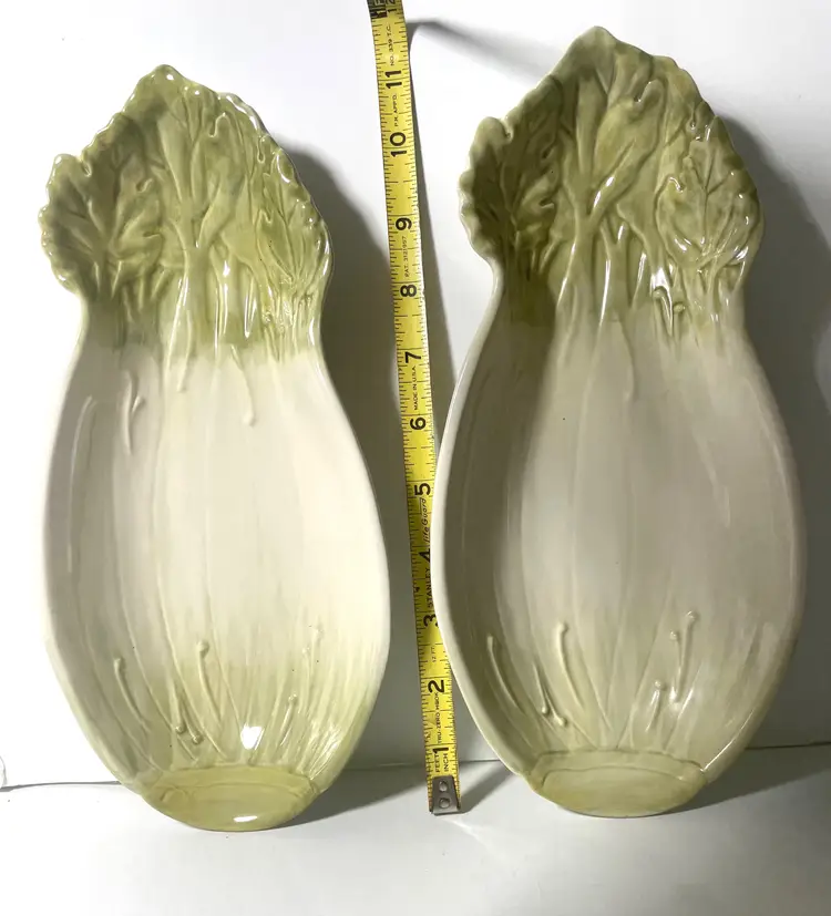 #01 Pair Of Glazed Green Ceramic Celery/Vegetable Serving Dishes.