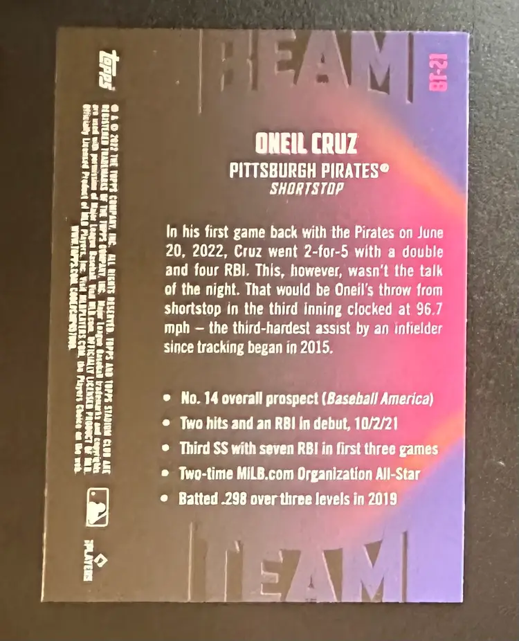 Oneil Cruz Stadium Club Chrome Beam Team (RC)