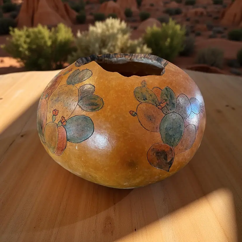Vintage Hand Painted Cactus Gourde Vase Ornate Signed 9.5” Southwestern Decor