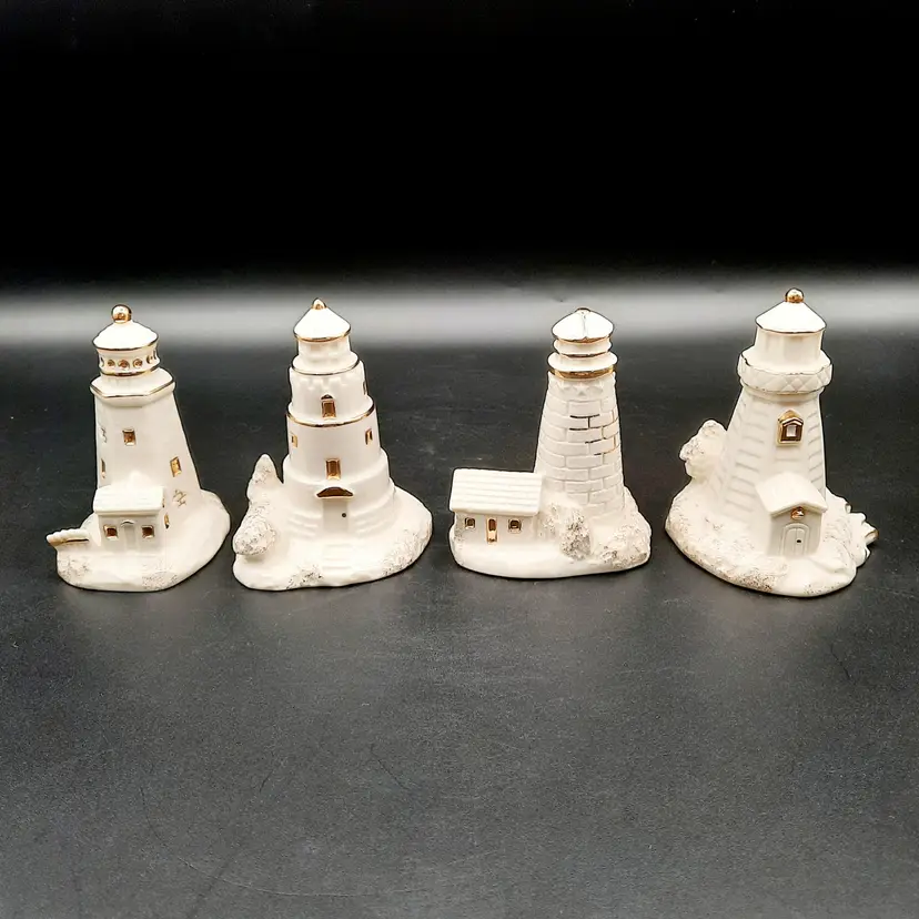 Mikasa Seaside Magic Lighthouse Figurines Ivory & Gold Porcelain Set of 4