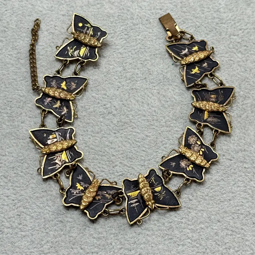 Vintage Japanese Damascene 7.25" Butterfly Link Bracelet Black & Gold Tone Asian