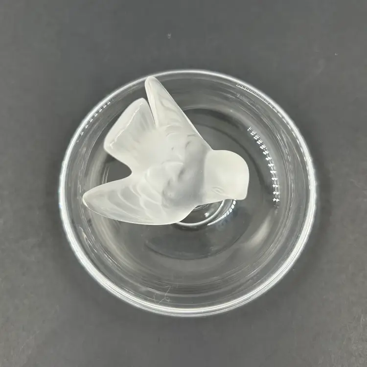 Vintage Lalique Crystal Ring Dish With A Frosted Bird Figure. Signed Lalique France On The Bottom.