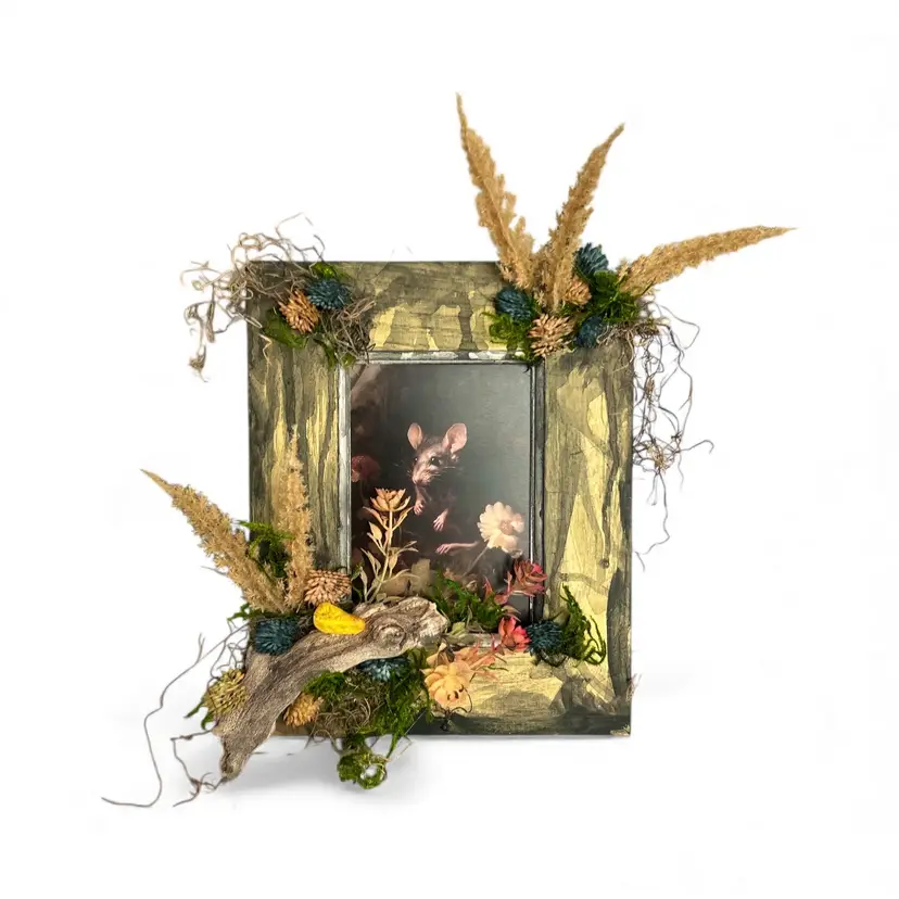 Handmade Up-Cycled “Enchanted Forager” Mouse Wall Hanging Or Easel Back Frame Decor
