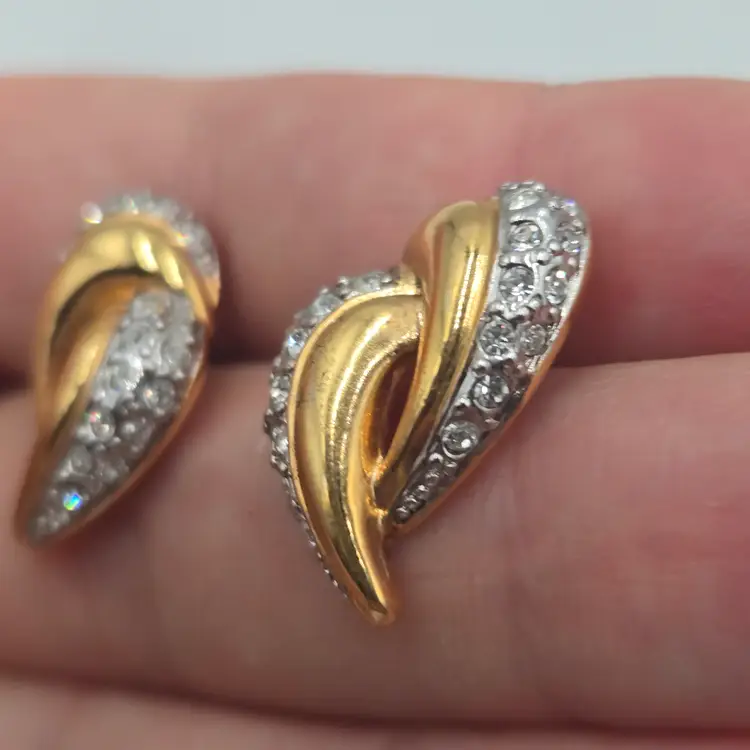 Swarovski Gold Tone Runway Pave Vintage Statement Earrings Clip Back Swan