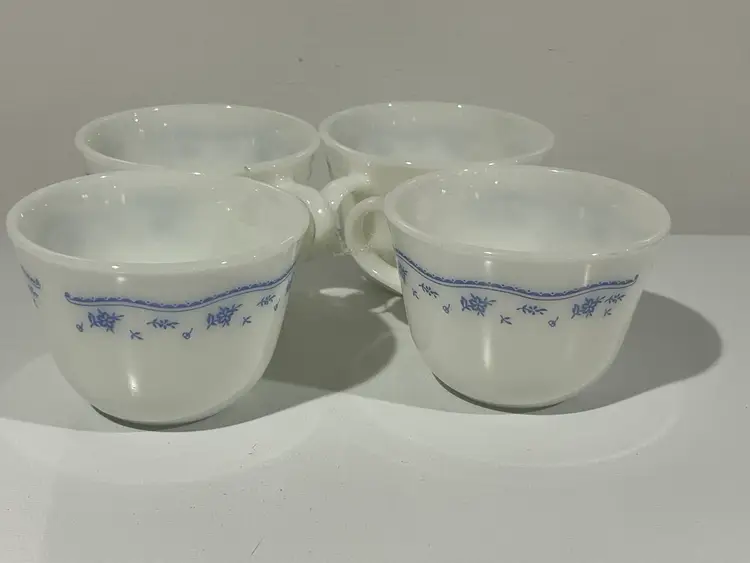Vintage Set Of 4 Corning Ware Morning Blue Floral Milk Glass Tea Cups