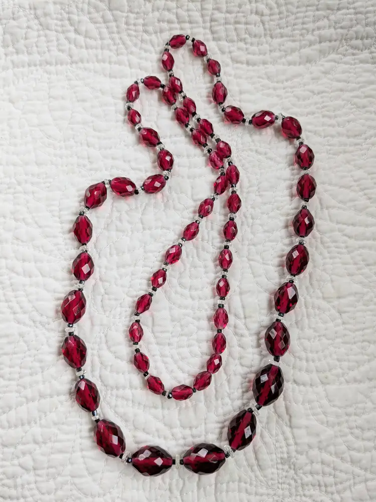 Antique Art Deco Czech Glass Graduates Bead Necklace in Ruby Red