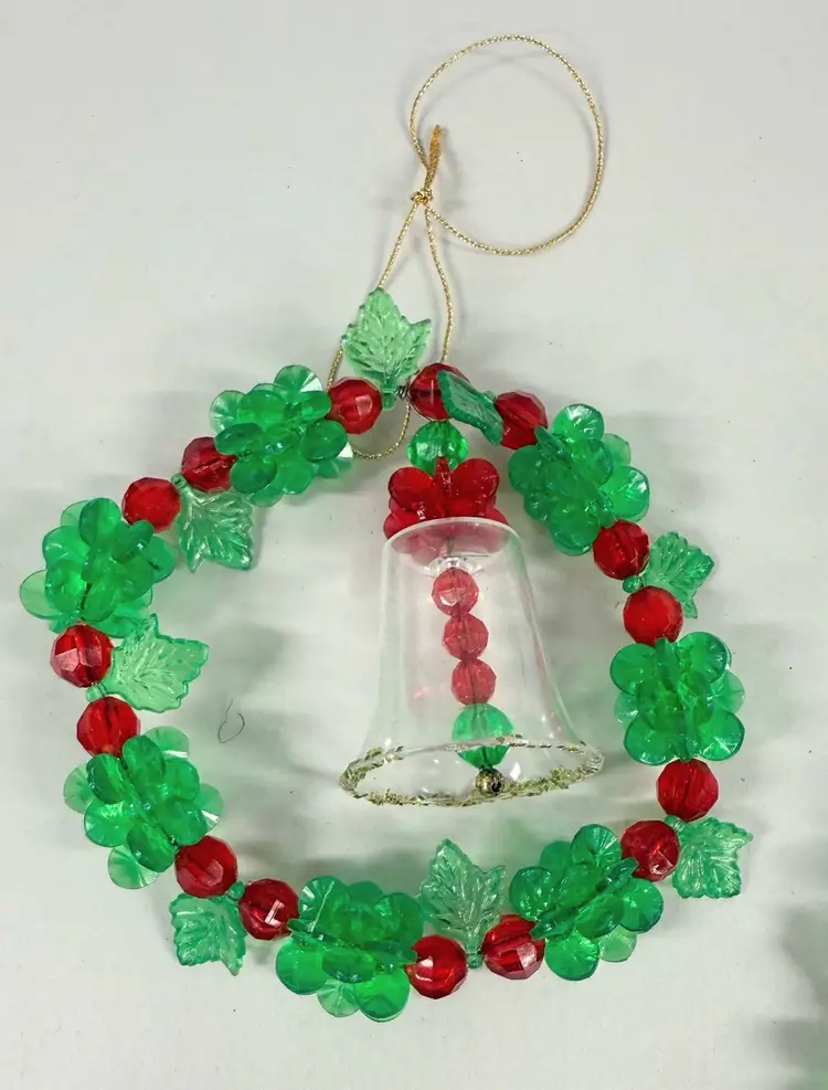 Vintage Plastic Beaded Christmas Wreath Christmas Ornament Set Of 2