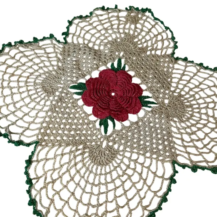 3D Pink Rose Crocheted Clover Shaped Doily @14x14 With Green Trim