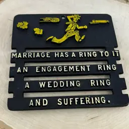 Vintage Black Cast Iron "Marriage Has a Ring To It" Trivet Wall Hanger 5x5