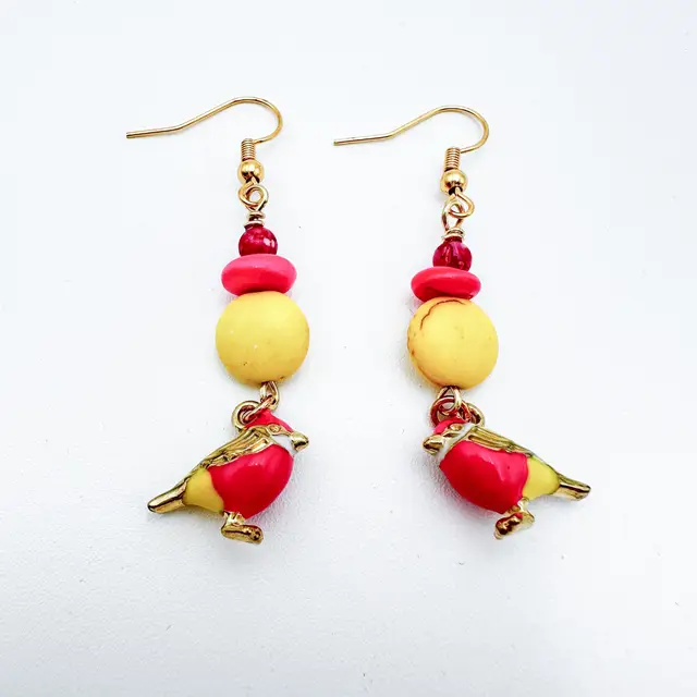 Bird Charm Earrings Pink Yellow Gold Tone Handmade