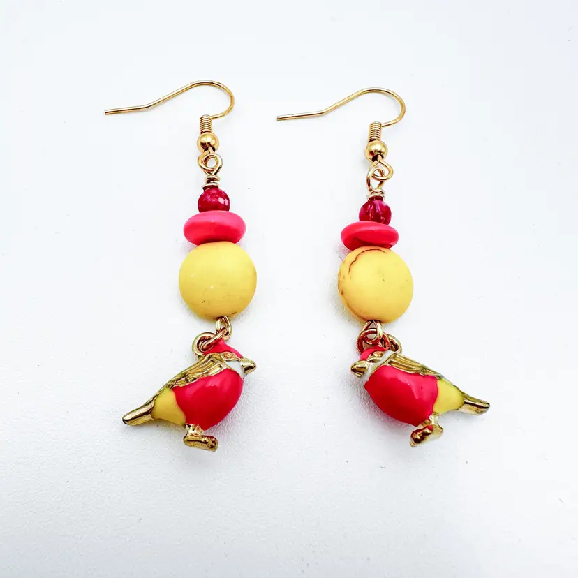 Bird Charm Earrings Pink Yellow Gold Tone Handmade