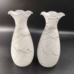 Vtg Pair Hazel Atlas Frosted Glass  Bud Vases With Spaghetti Drizzle Horse Hair Pattern