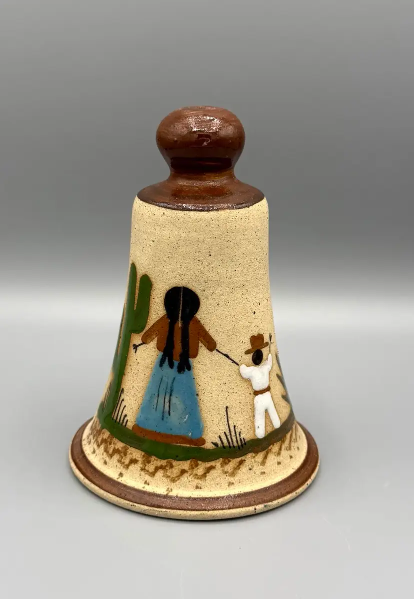 Vintage Mexican Tonalá Pottery Folk Art Bell – Hand-Painted Village Scene
