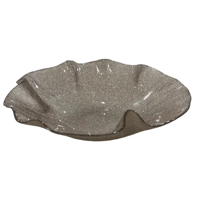 Hand Blown and Fused Scalloped Grey and Gold Shimmered Glass Bowl