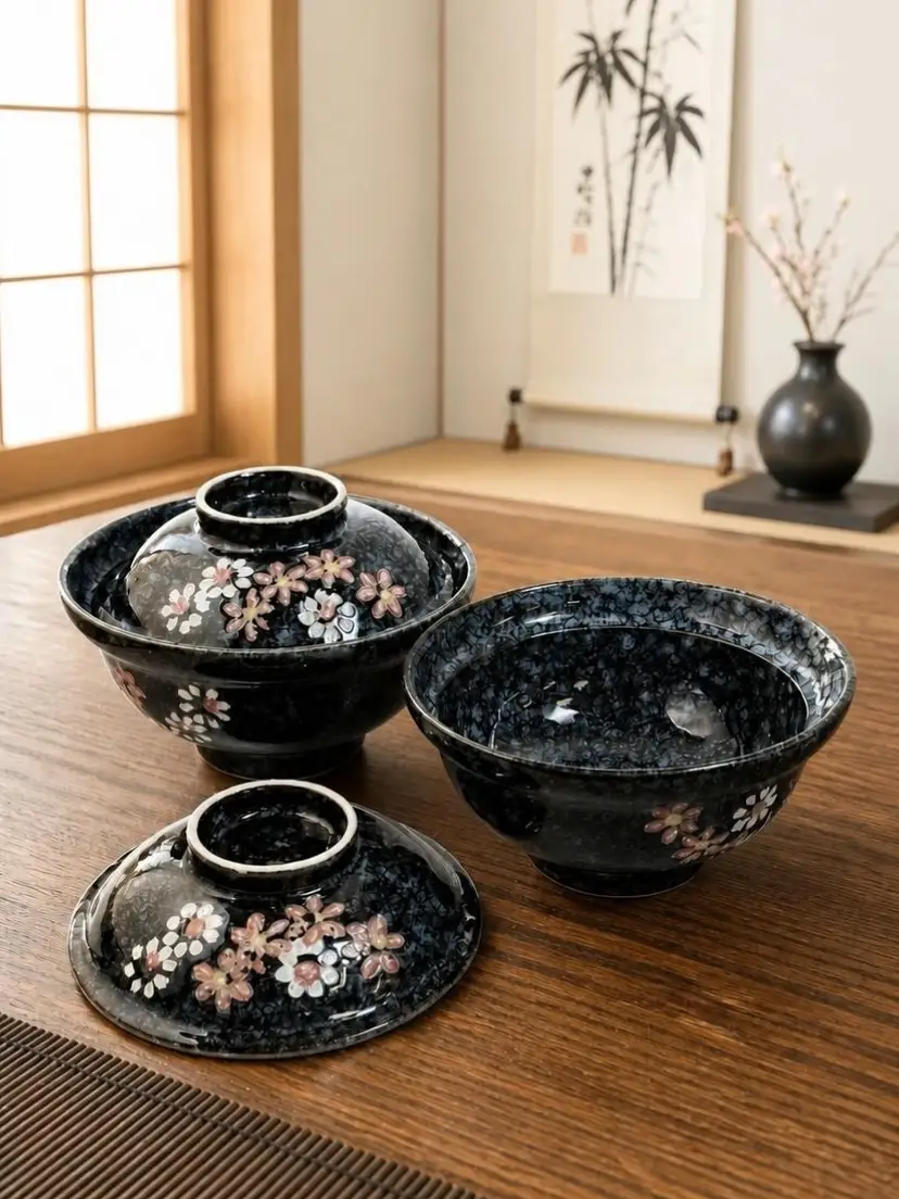 Rare- Discontinued Mino Ware Japanese Lidded Donburi Bowls (Matching Pair of 2)