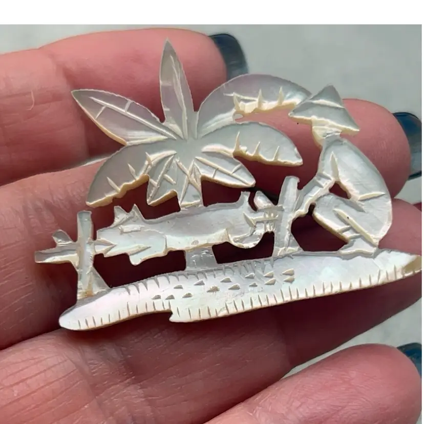 #01 Vintage Hand-Carved Mother of Pearl Figural Brooch | Asian Village Scene | Early C-Clasp