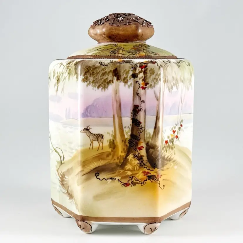 Antique Nippon Morimura Gumi Biscuit Jar, Hand-Painted Porcelain Moriage Dots, Deer Trees Water Landscape