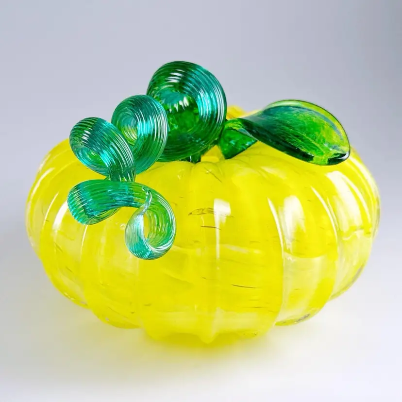 Hand-Blown Art Glass Pumpkin with Spiral Stem, Ribbed Yellow Squash, Halloween or Thanksgiving Decor