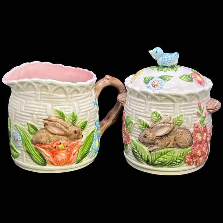 Takahasi Woodland Cream and Sugar Set Bunnies & Birds Hand Painted 3pcs*