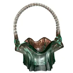 Fenton Glass Sea Mist Green Vulcan Basket Twisted Handle 8.25”-8.5” X 6.5D