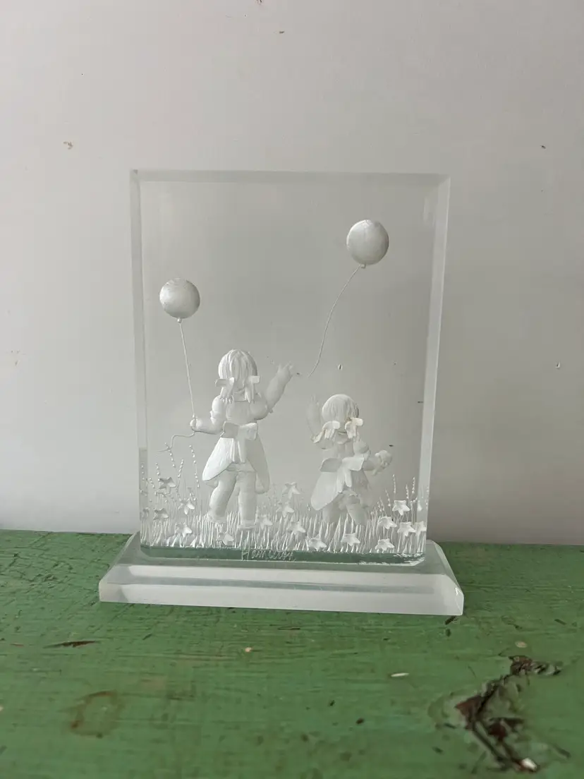 Vintage Lucite Art Sculpture- Signed Hamilton. Girls with Balloons. Reverse Carved Clear