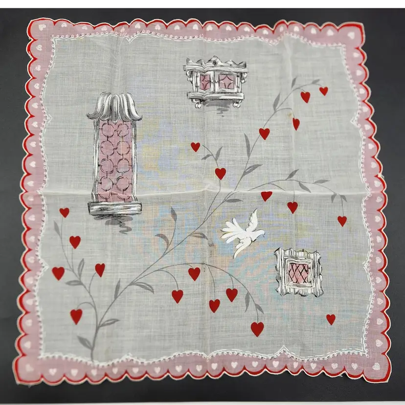 Vintage Valentine's Handkerchief With Window Display And Flowers White Dove Scalloped Edges