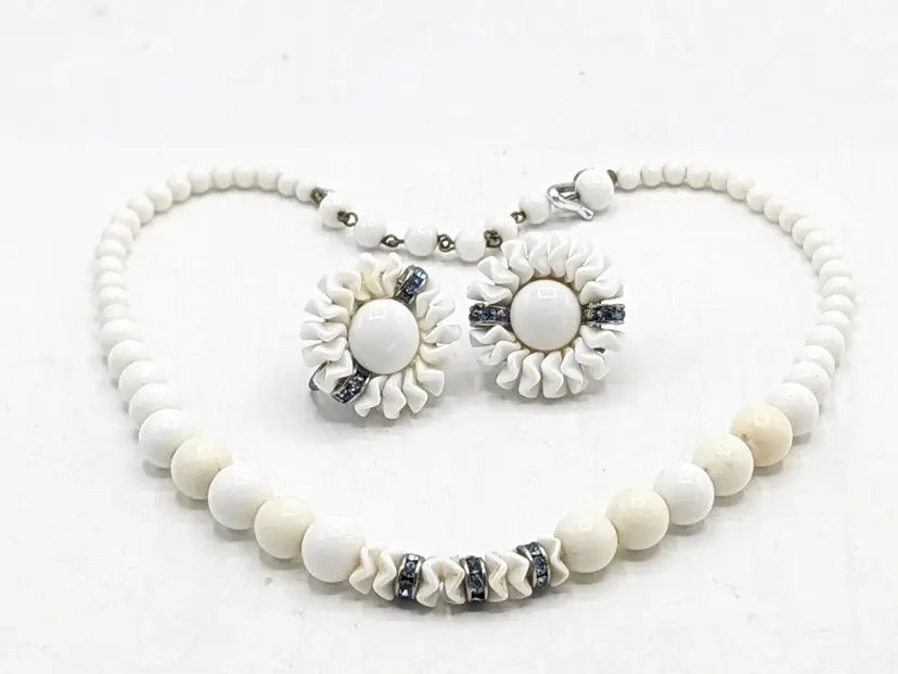 Vintage Demi-Parure Milk Glass Rondell Rhinestones Necklace and Earrings