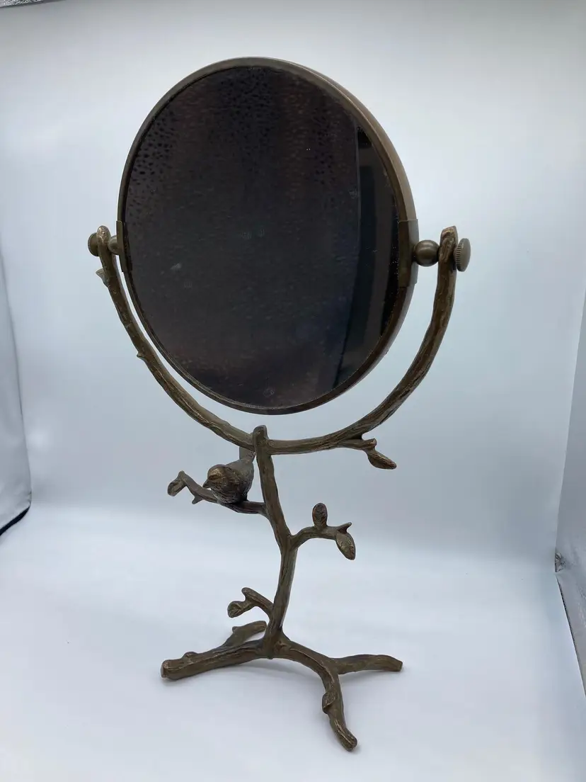 Brass Double Sided Round Standing Mirror with a Bird on Branch