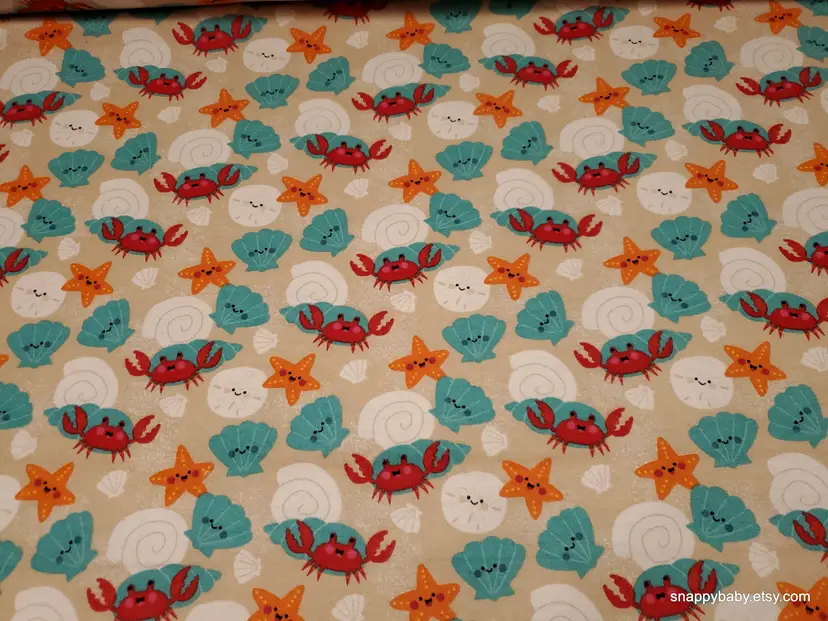 Vacation Seashells and Crabs Flannel Fabric Remnant - 100% Cotton - Choose Size - Soft Craft & Quilting Fabric
