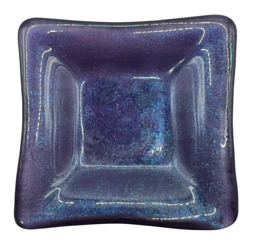 Fused Studio Art Glass Trinket Dish Blue Purple Glitter Dichroic Square 4.75”