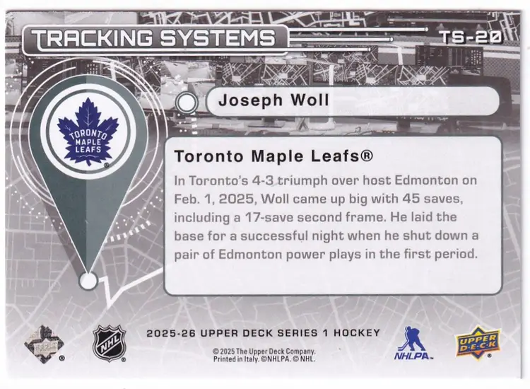 2025-26 Upper Deck Tracking Systems #TS20 Joseph Woll Toronto Maple Leafs Hockey Card