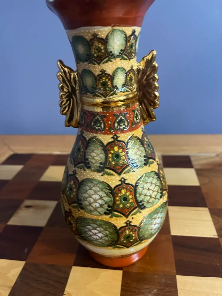 Vintage Porcelain Cloisonné Decorative Vase with Gold Wings Green / Red Floral-8”