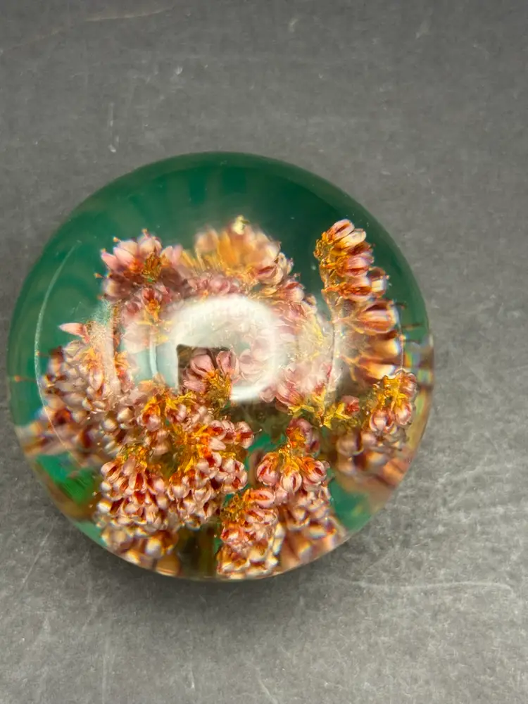 Vintage Resin Lucite Paperweight filled with Pink dried flowers 2.5”
