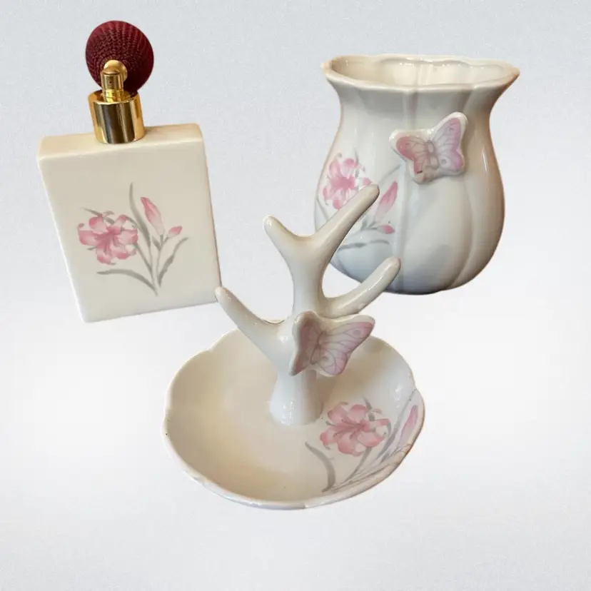 #01 Vanity Set Porcelain 3 Piece Pink & Gray Flowers Butterflies