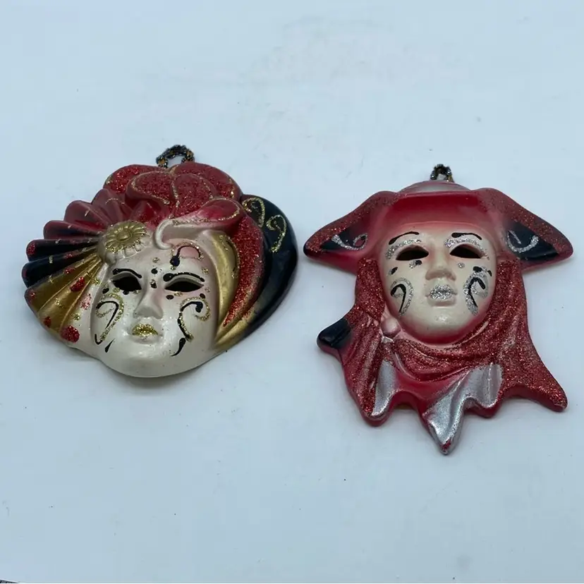 #2404 Two Italian Venetian Masquerade Wall Hanging Masks Ornaments 4.5”