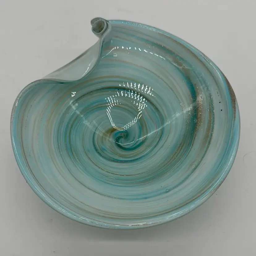 ZZZ.  Bowl - Vintage  Murano scroll edge decorative bowl in aqua blue with copper aventurine swirls and flecks  6”W