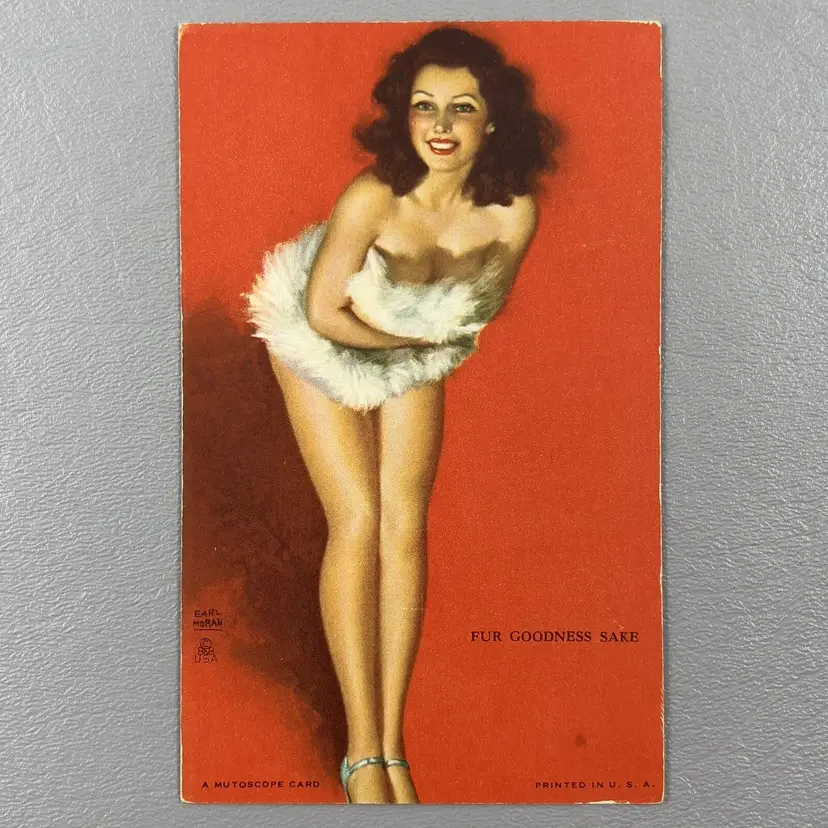 Vintage Mutoscope Card Pin Up Fur Goodness Sake Brunette Legs Cheesecake Art Earl Moran