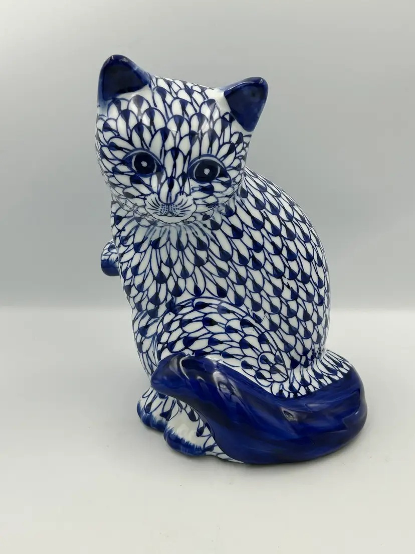 Vintage Ceramic Statue, Cat Figurine, Blue And White Fishnet Design 10 Inches