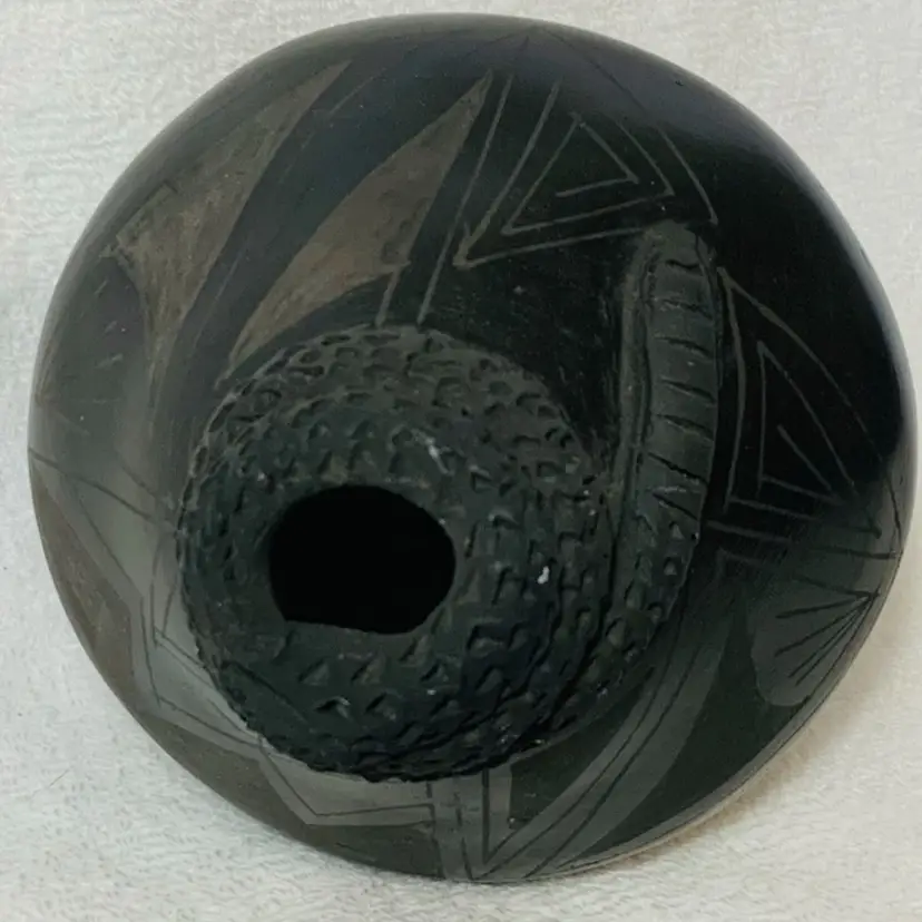 Hand Crafted And Painted Studio Pottery Black Stoneware Bud Vase With Native American Southwestern Motif Design Studio Pottery Pitcher Vessel Attributed Vintage Large Native American Yolanda Quezada #2